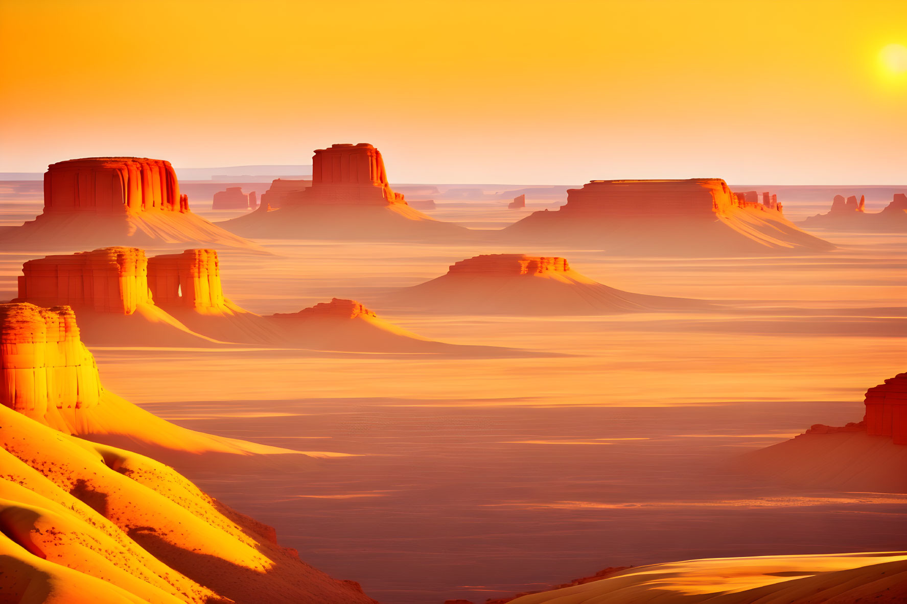 Orange Desert Sunset: Majestic Sandstone Buttes and Serene Sky
