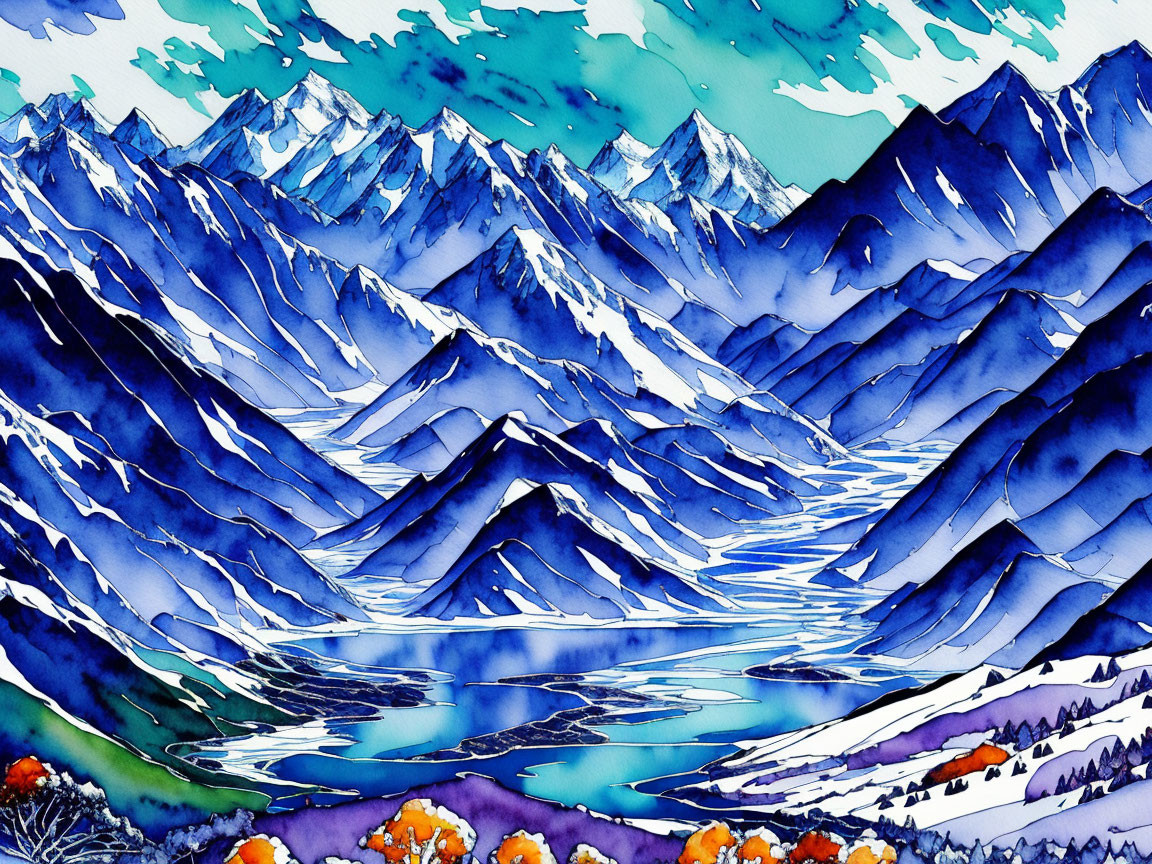 Stylized blue mountains with snow-capped peaks in watercolor