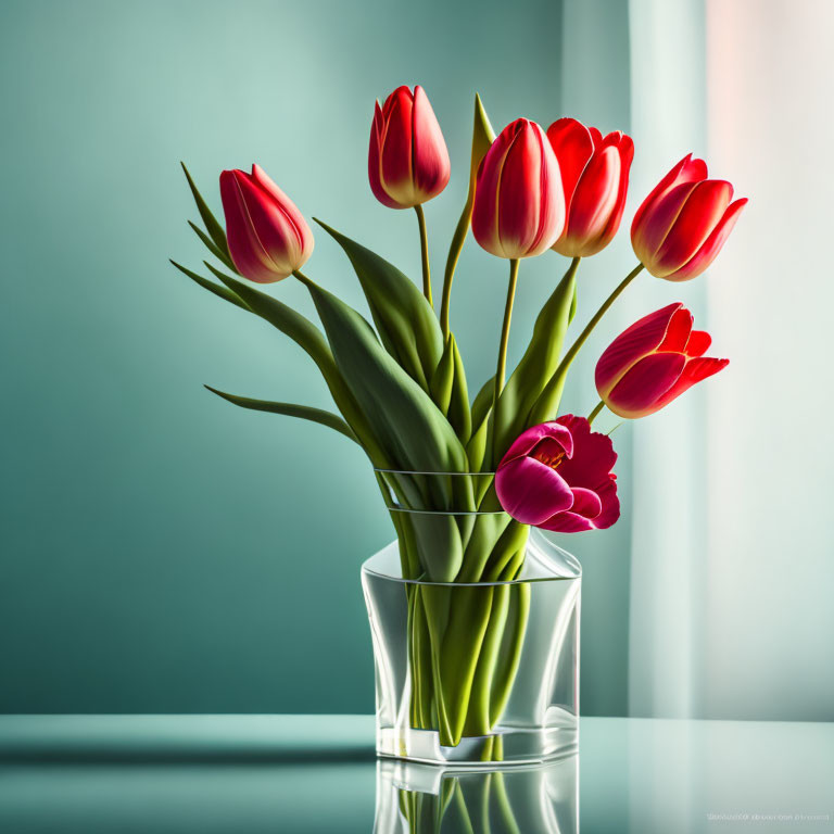Red and Pink Tulip Bouquet in Clear Glass Vase on Soft Blue Background
