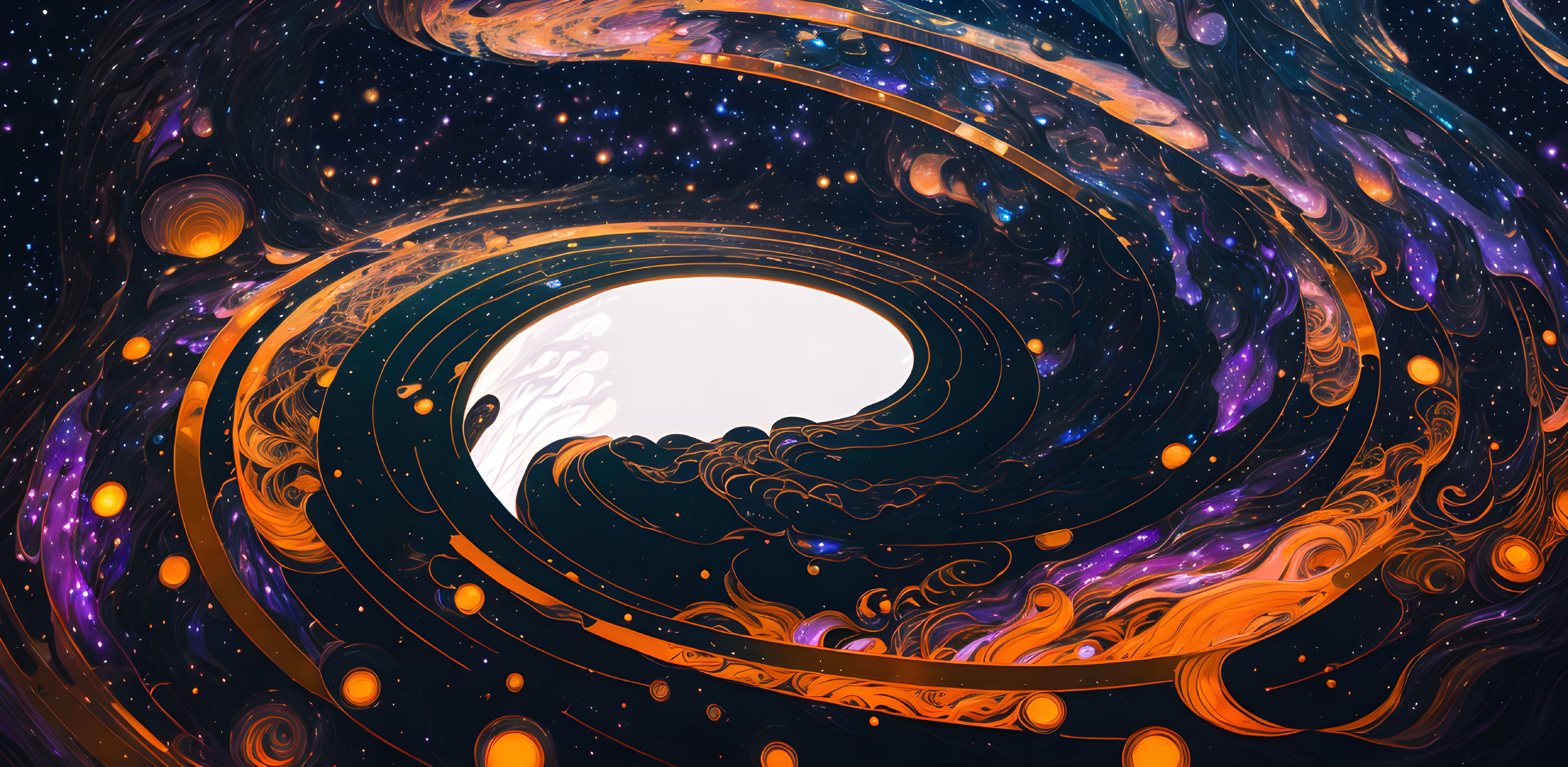 Swirling cosmic scene with celestial bodies in blue, purple, and orange
