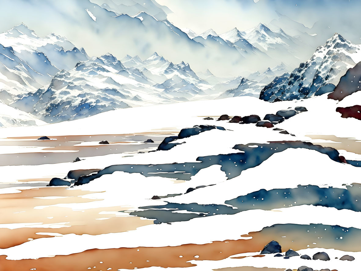 Snow-covered valley watercolor landscape with mountains and sky