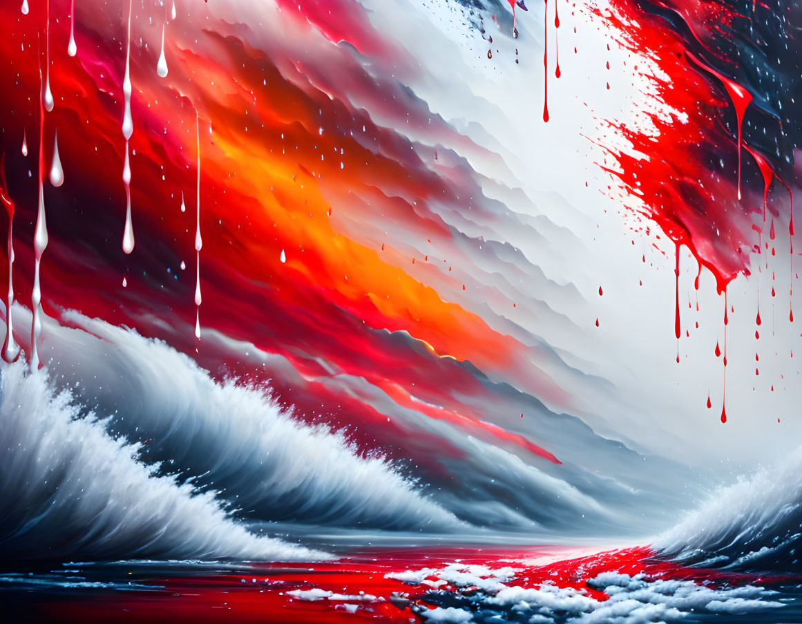 Abstract Painting: Vibrant Red and White Streaks, Fiery Sky, Droplets, and
