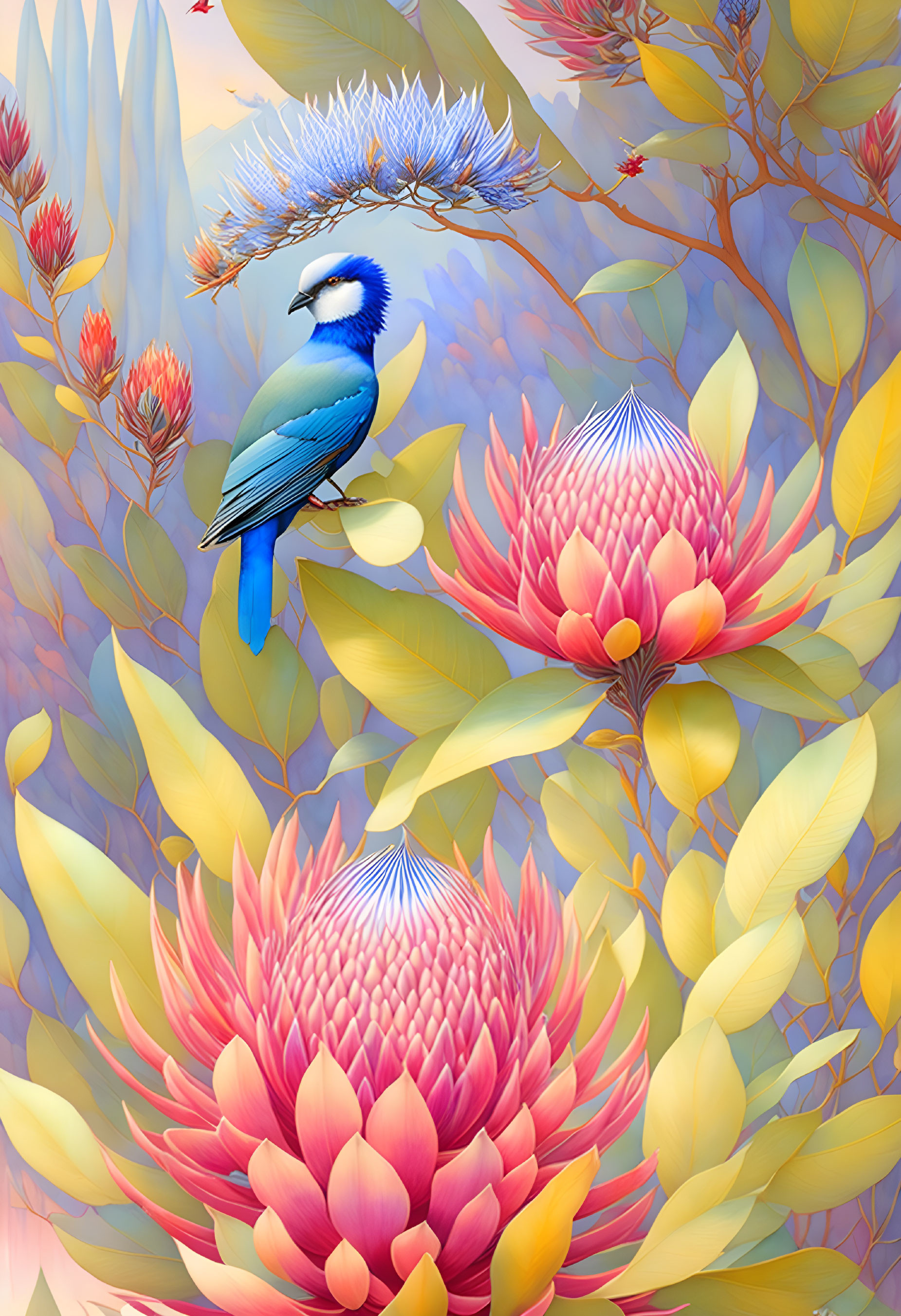 Colorful Blue Jay Among Blooming Flowers and Soft Background