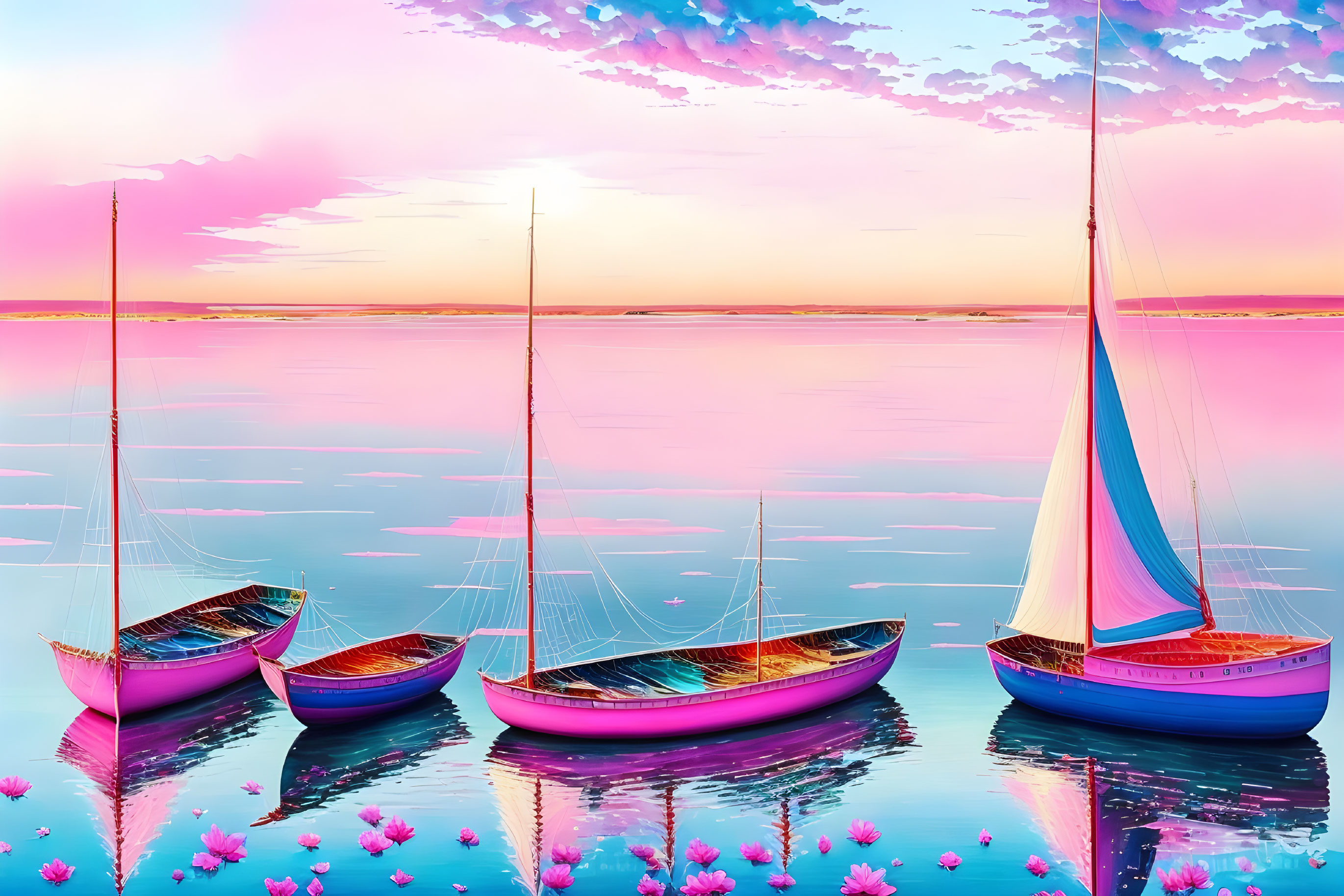Serenity at Sunset: Sailboats on Pink Waters