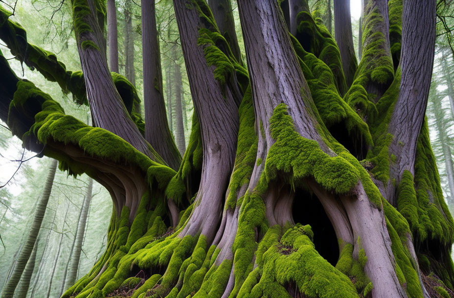 Misty Forest Scene: Gnarled Tree Trunks & Green Moss