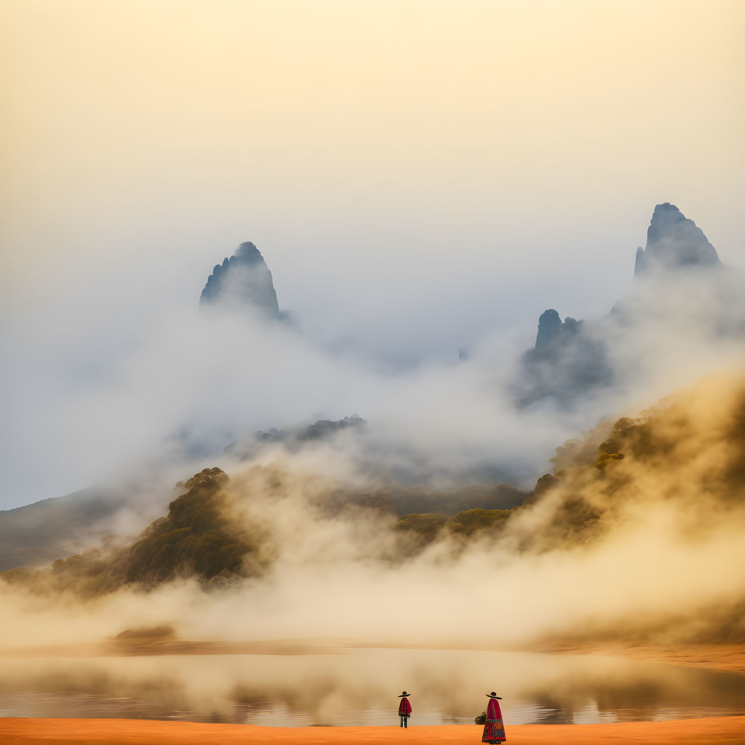 Traditional Attire Couple by Misty Lake at Sunrise