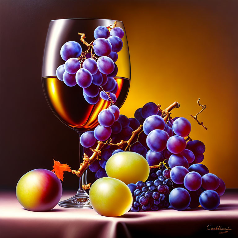 Still Life: Grapes, Peach, Plums, Wine Glass, Dark Background