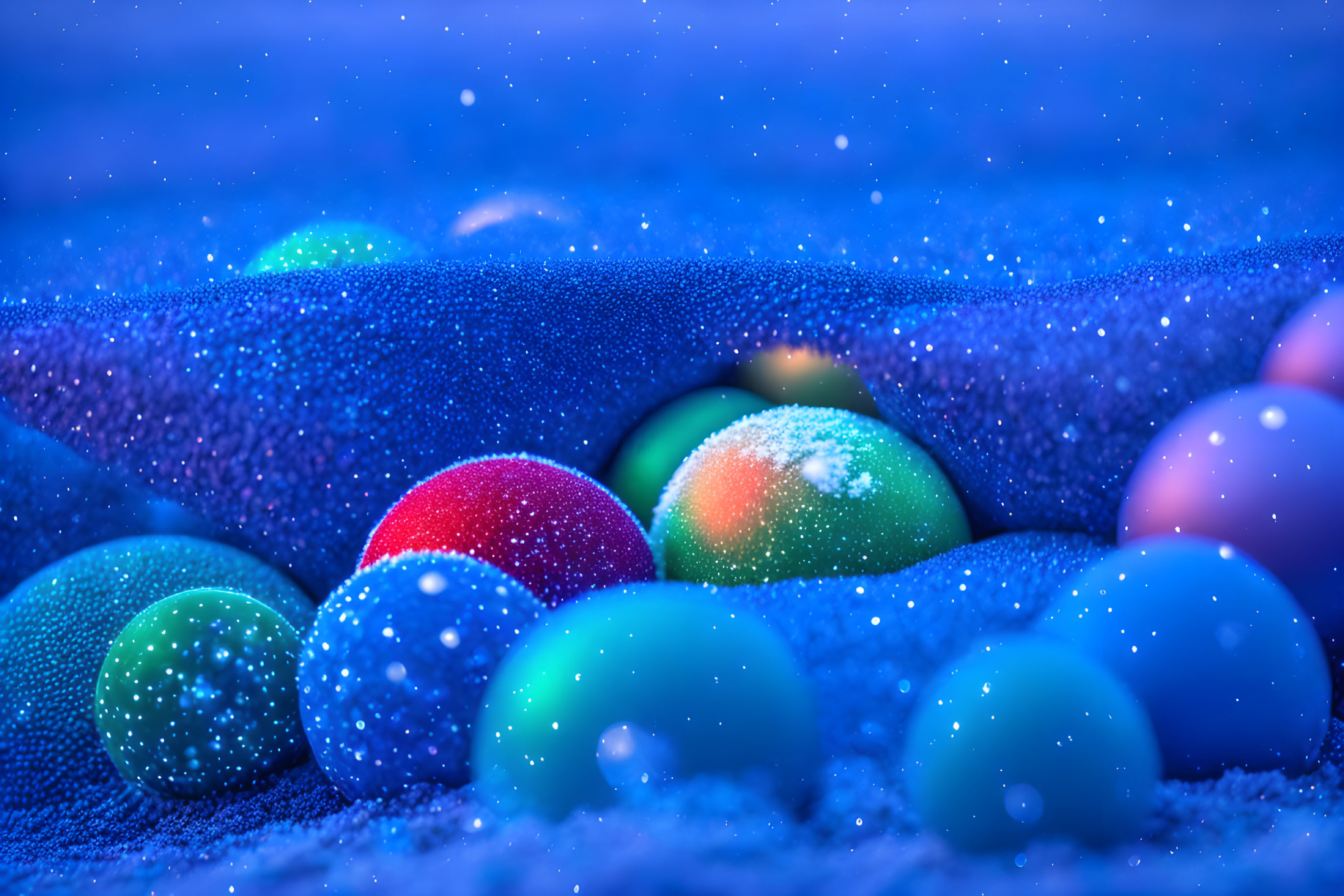 Cosmic Oasis: Colorful Spheres in Blue Sand
