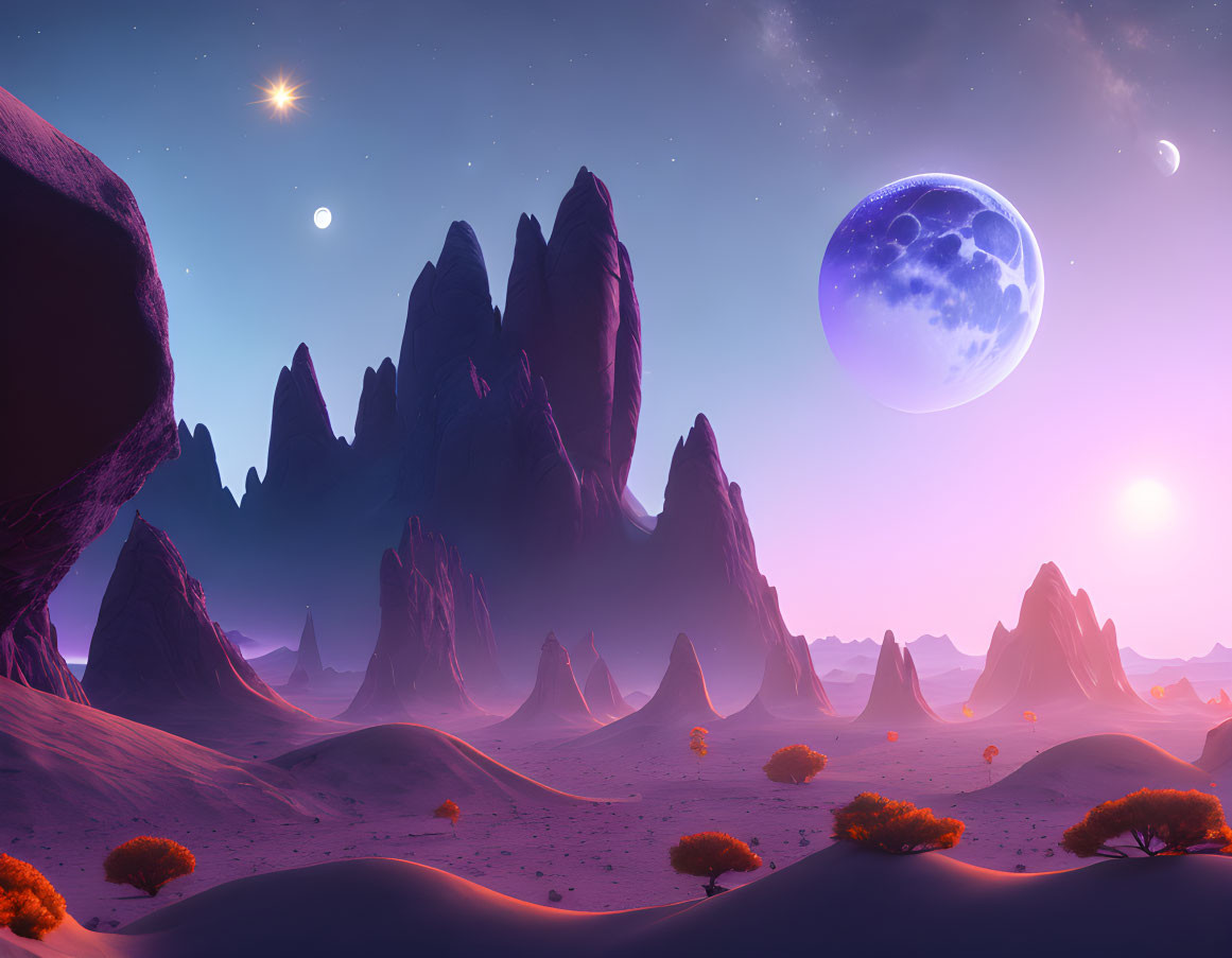 Purple Rocky Formations in Fantasy Alien Landscape with Orange Foliage and Large Moon