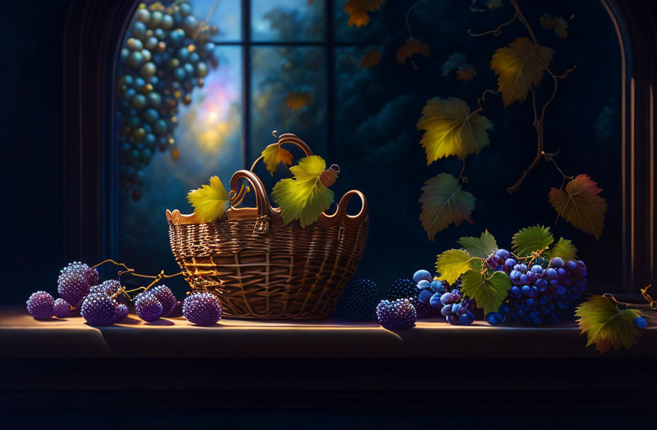 Tranquil Still Life: Wicker Basket and Grapes on Moonlit Windowsill