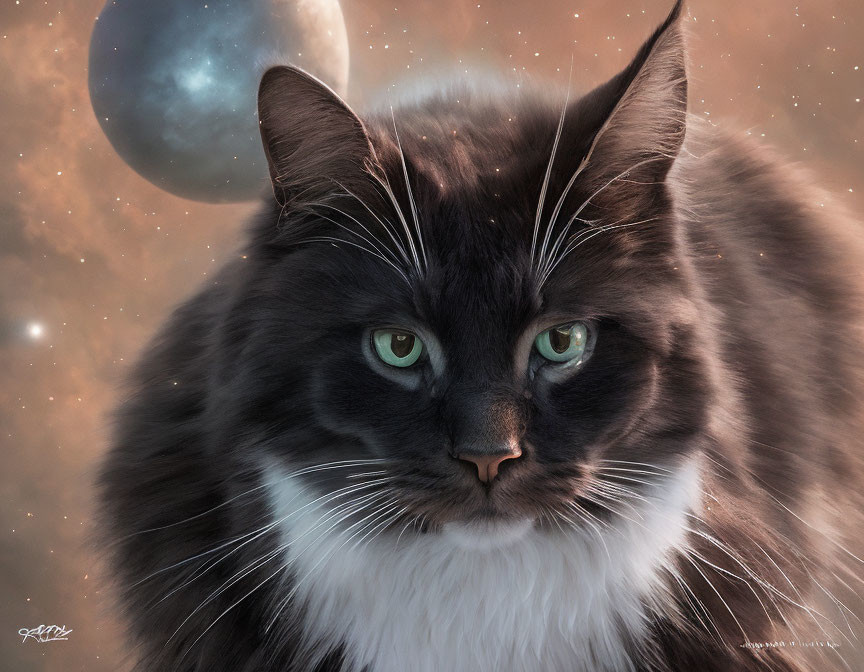 Fluffy Black and White Cat with Green Eyes in Cosmic Setting