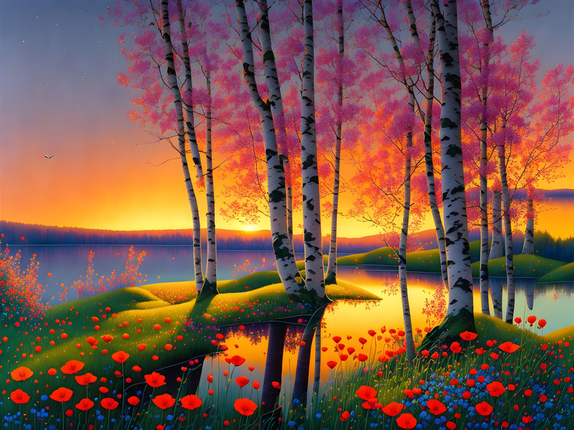 Serene Sunset Oasis: Birch Trees and Wildflowers