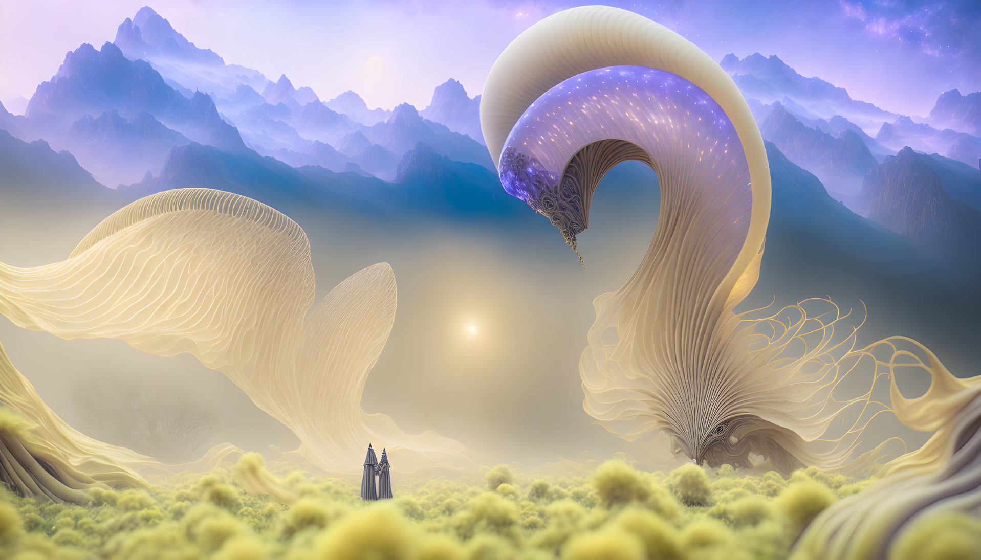 Fantastical landscape with floating jellyfish-like creatures above moss-covered ground.