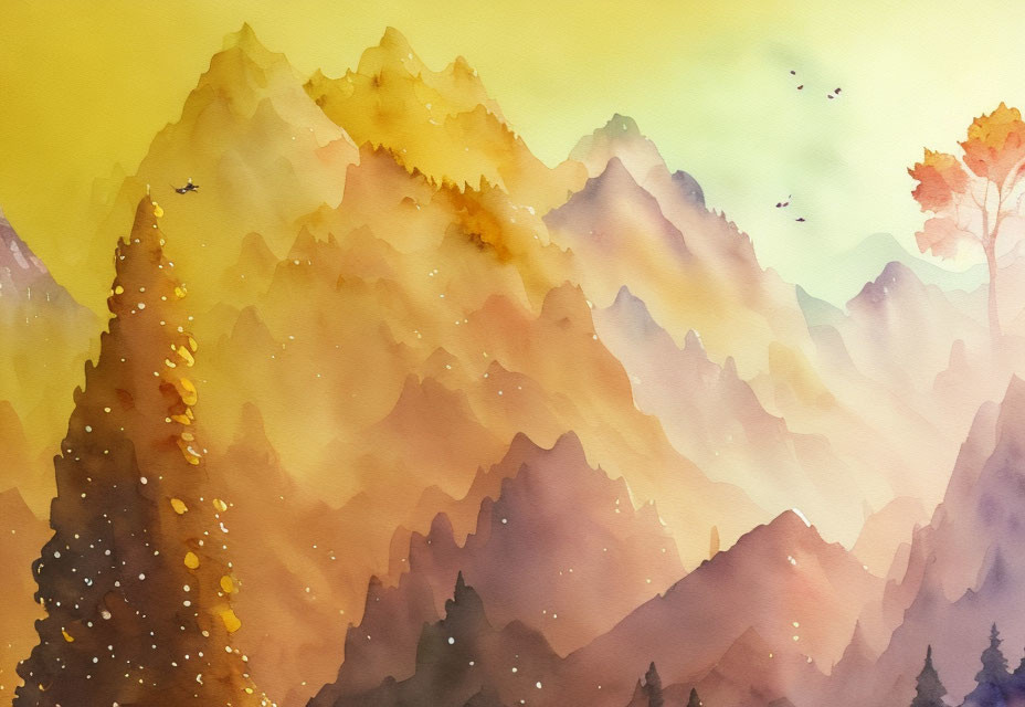 Layered Mountain Ranges in Yellow and Brown with Birds and Trees