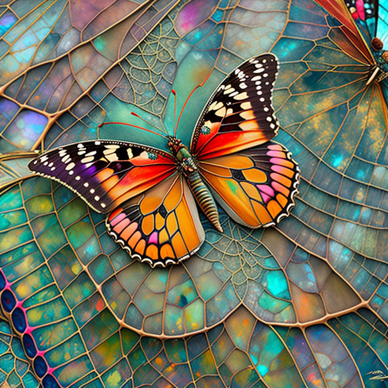 Colorful Butterfly Resting on Blue and Purple Stained Glass Surface