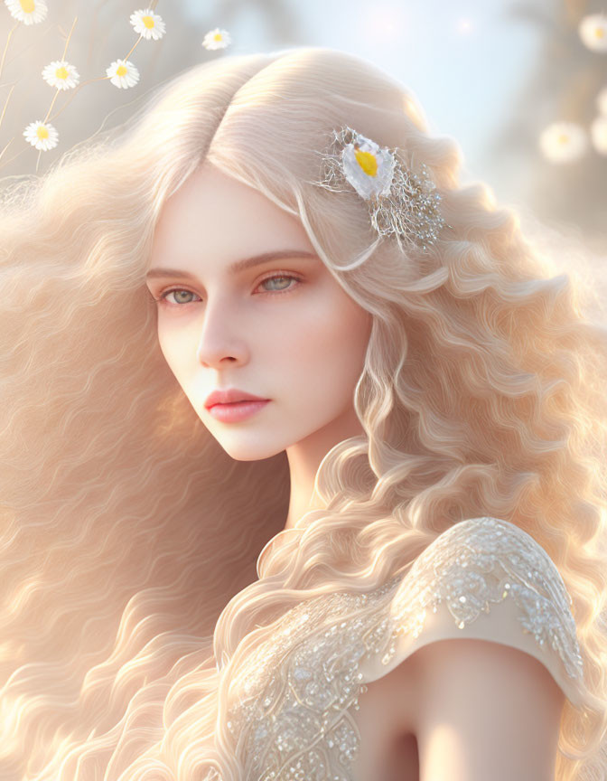 Digital artwork featuring woman with blonde hair, blue eyes, white dress, and butterfly hair accessory