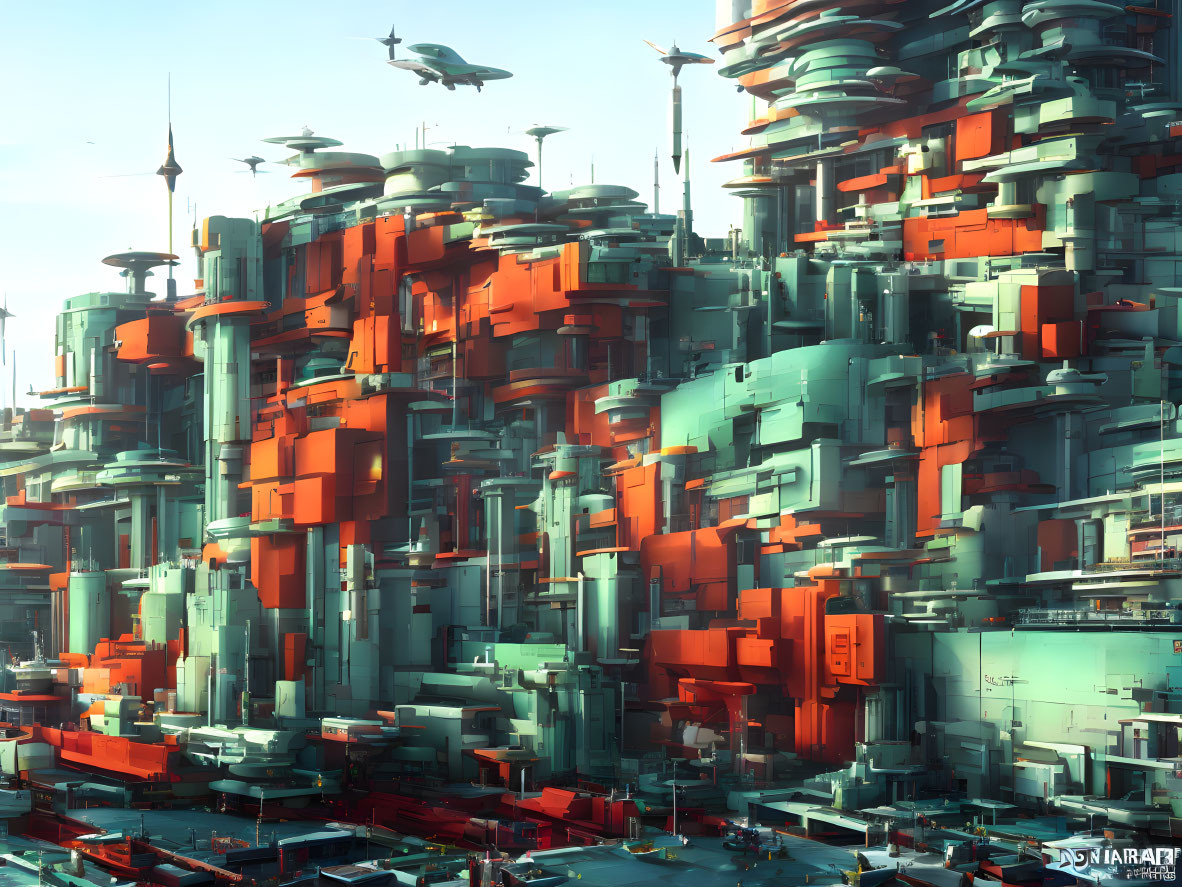 Futuristic cityscape with green and orange high-rise buildings.