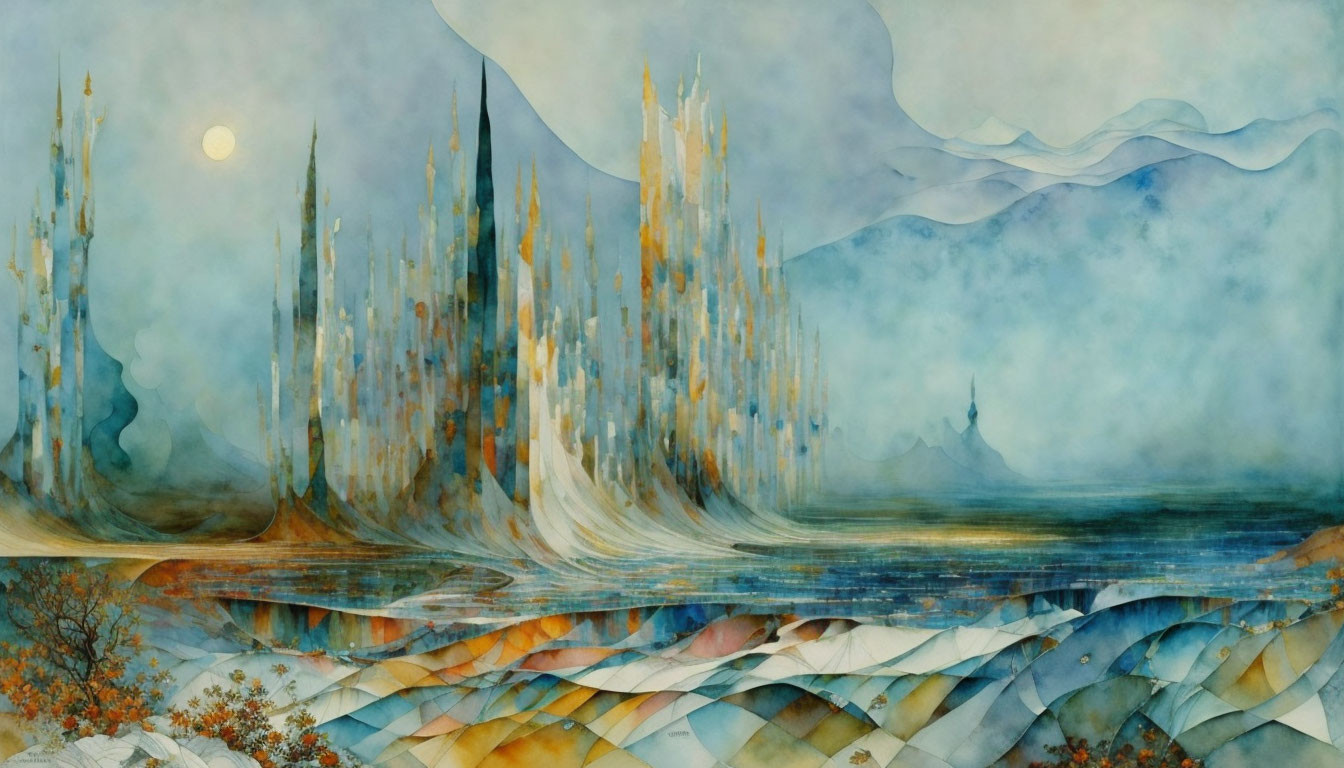 Surreal landscape painting: tall spires, patterned hills, misty sky