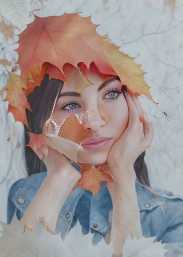 Woman with Striking Blue Eyes Framed by Autumn Leaves