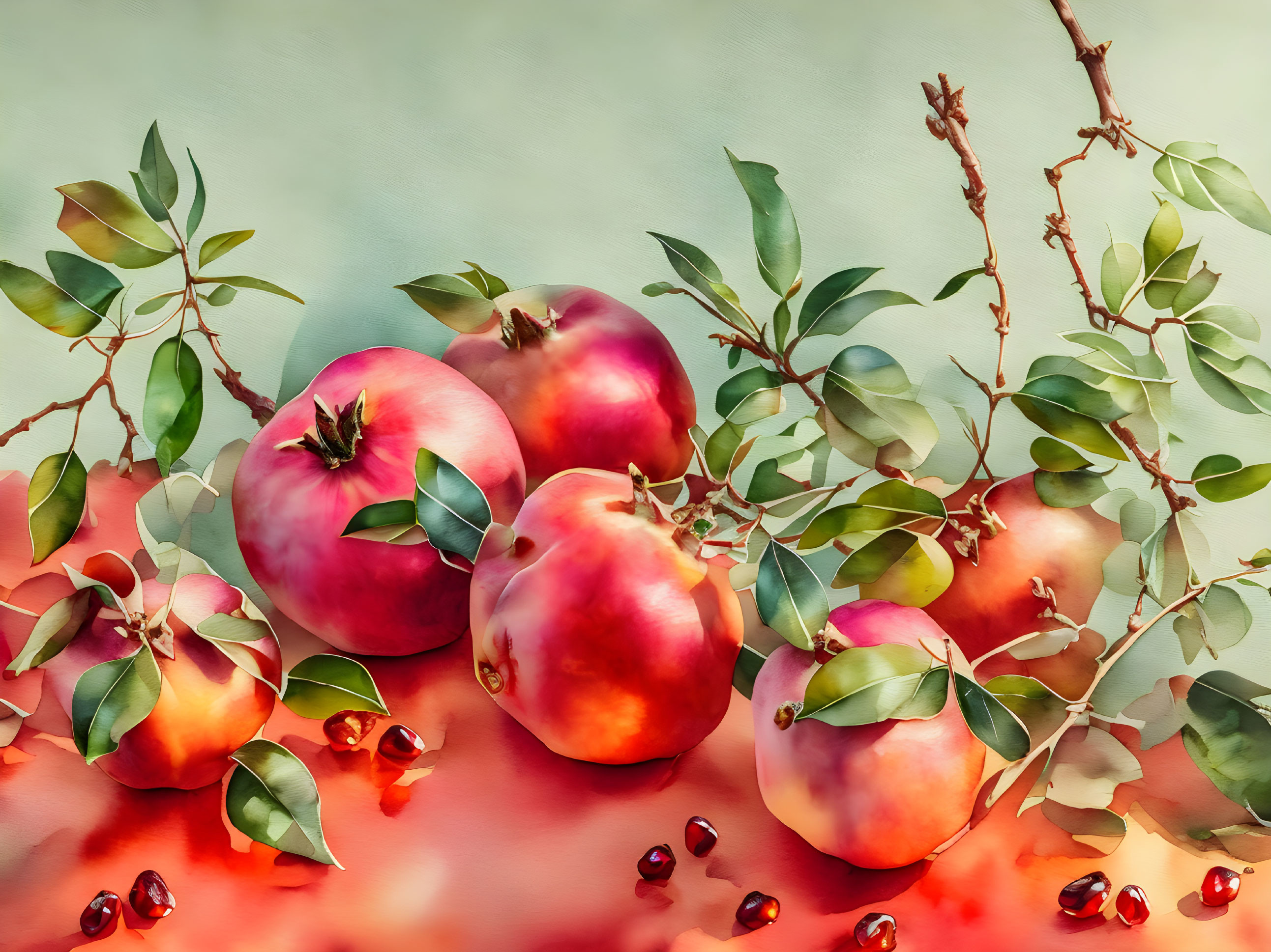 Colorful still life with ripe pomegranates, seeds, and branches on soft background