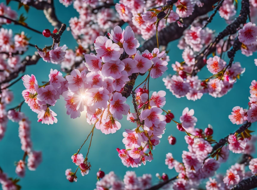 Vibrant Cherry Blossoms in Full Bloom Under Sunlight