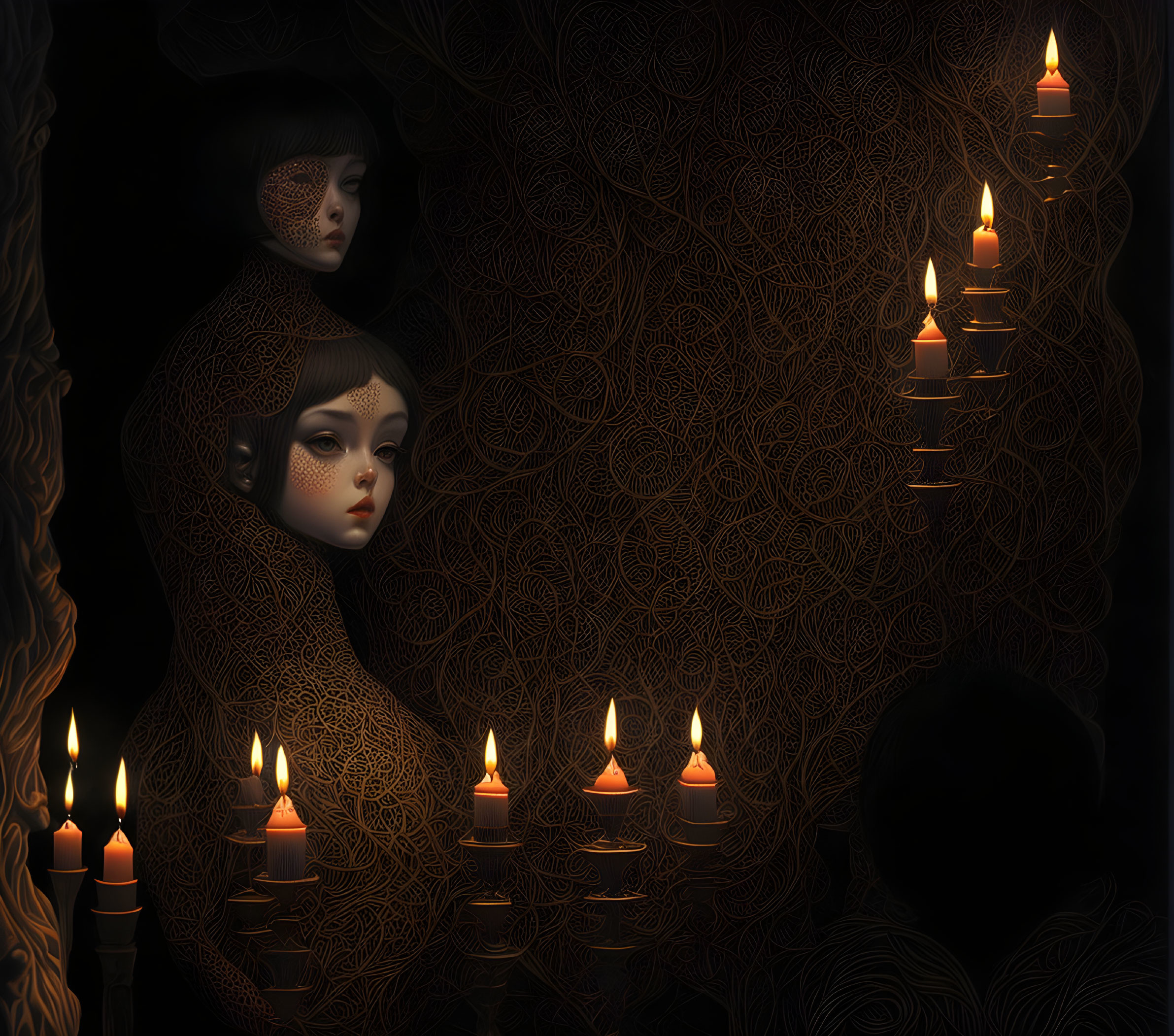 Shadowed Figures and Glowing Candles