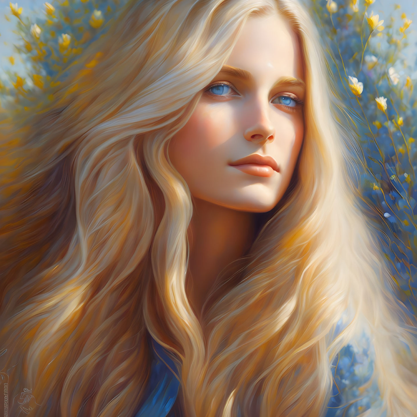 Blonde woman with blue eyes in digital portrait surrounded by yellow flowers