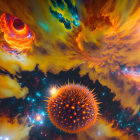 Colorful Abstract Cosmic Scene with Swirling Red, Orange, and Blue Patterns