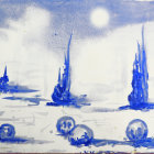 Fantasy ice landscape with blue crystal formations and two moons