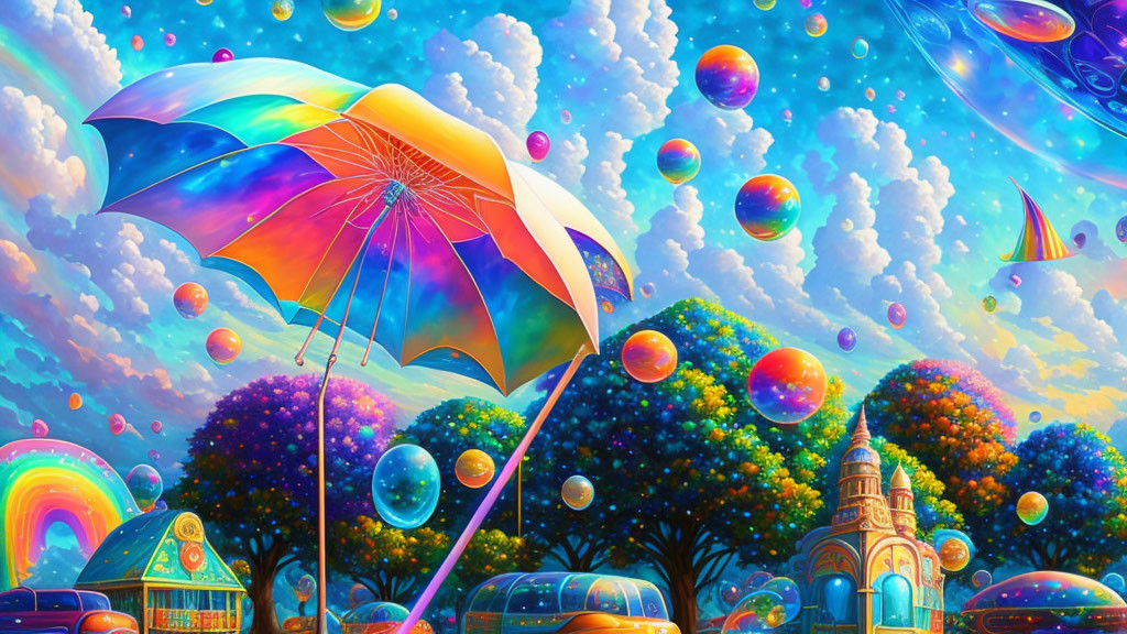 Colorful Artwork Featuring Multicolored Umbrella, Floating Bubbles, and Whimsical Landscape