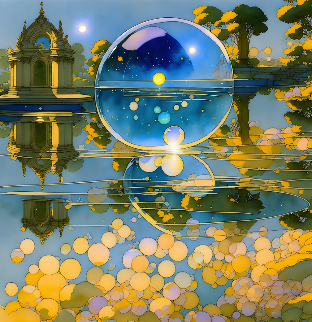 Ethereal illustration of glass sphere reflecting starry sky and golden bubbles