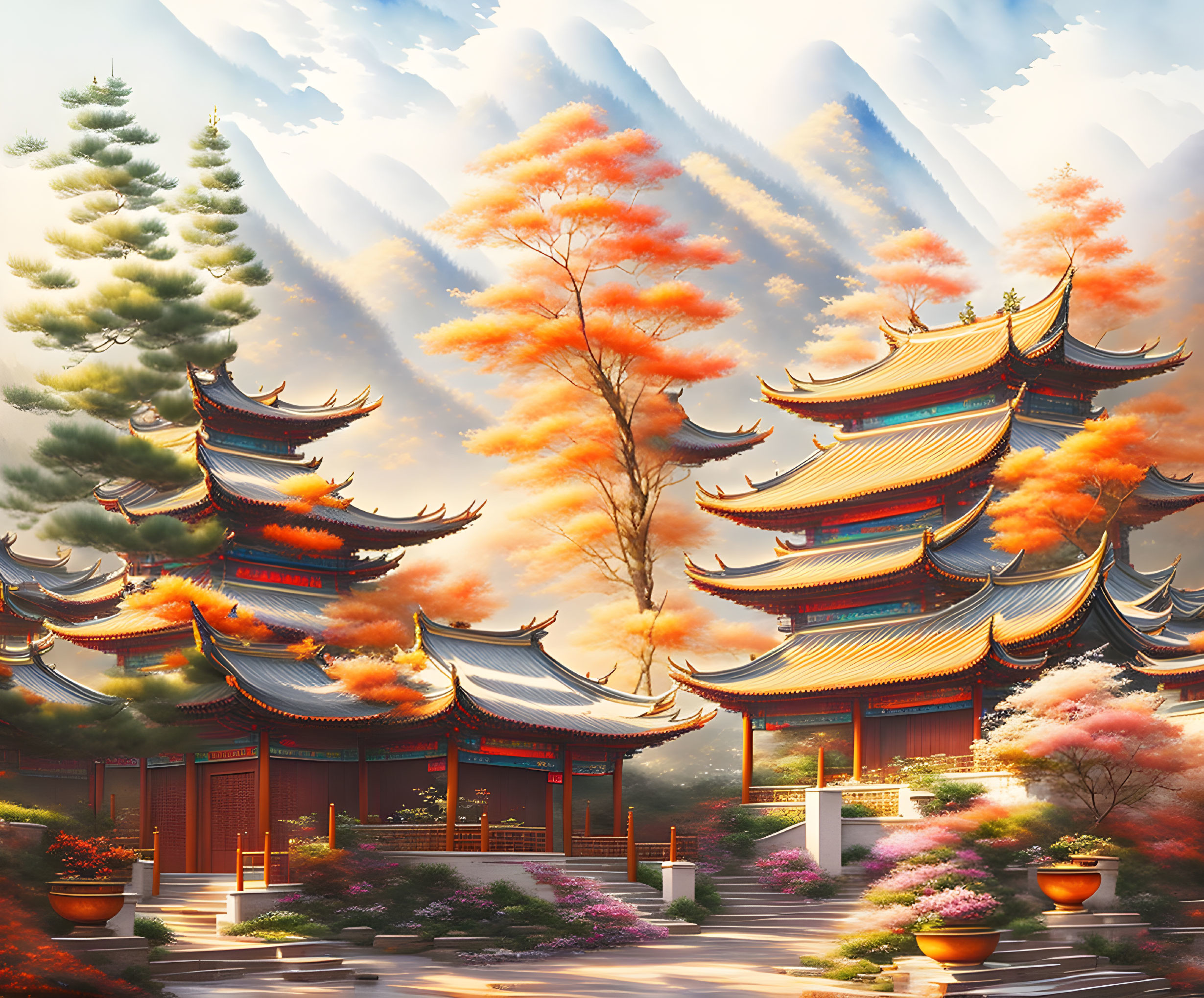 Autumn Serenity: Asian Temple & Misty Mountains