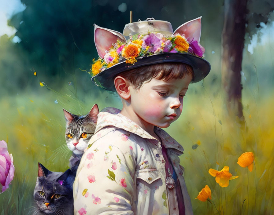 Child with flower-adorned hat, cats, wildflowers, and butterflies in whimsical scene