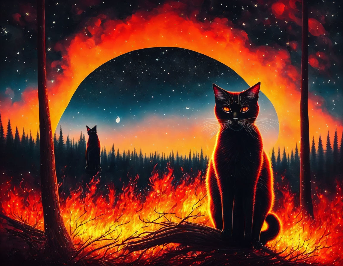 Digital Artwork: Two Cats in Fiery Forest with Cosmic Backdrop