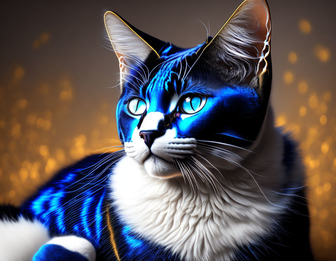 Blue and Black Striped Cat with Luminous Eyes on Bokeh Background