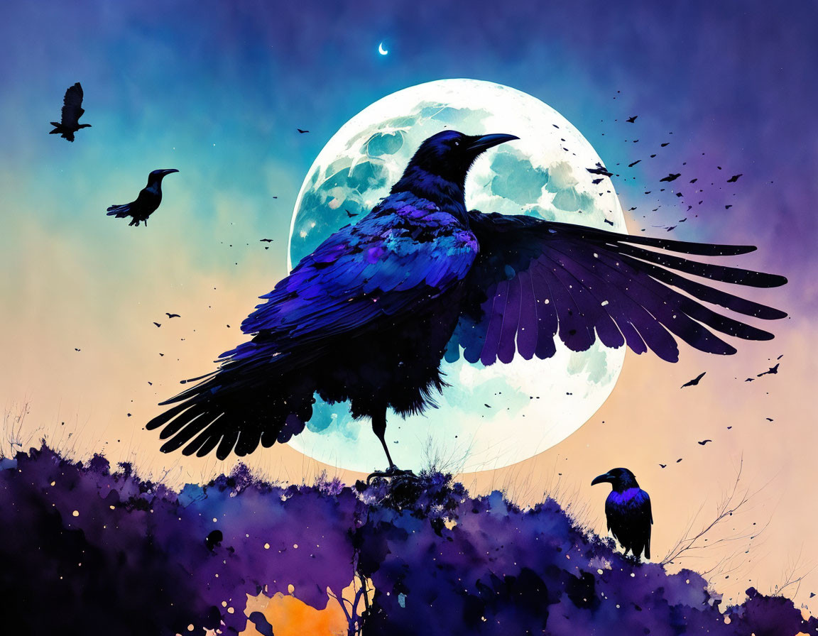 Raven mid-flight against large moon in vivid illustration
