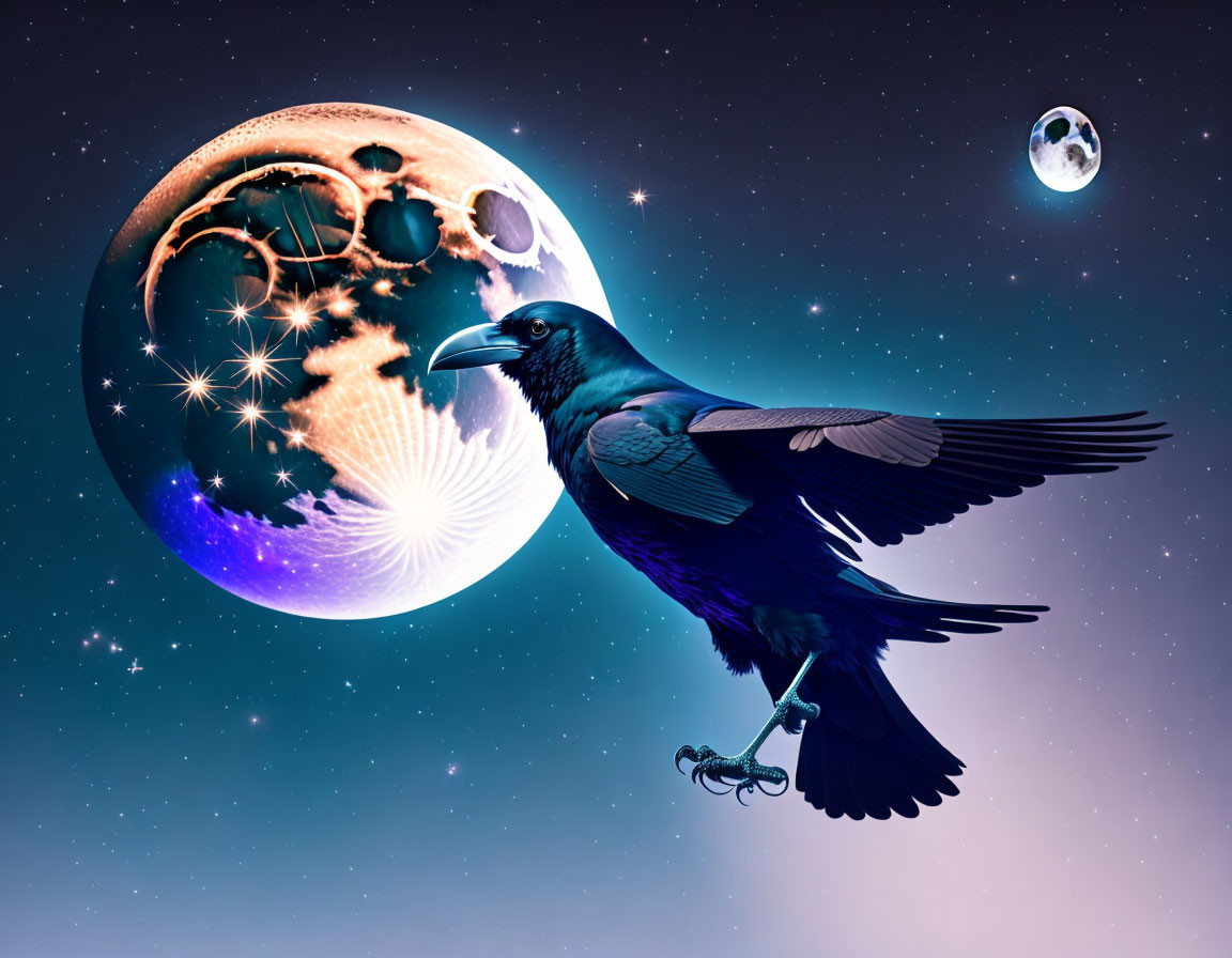 Raven flying in cosmic space with planets and stars