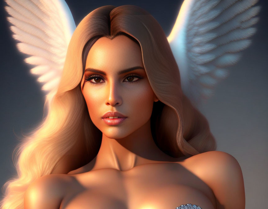 Blonde female angel with white wings in soft light