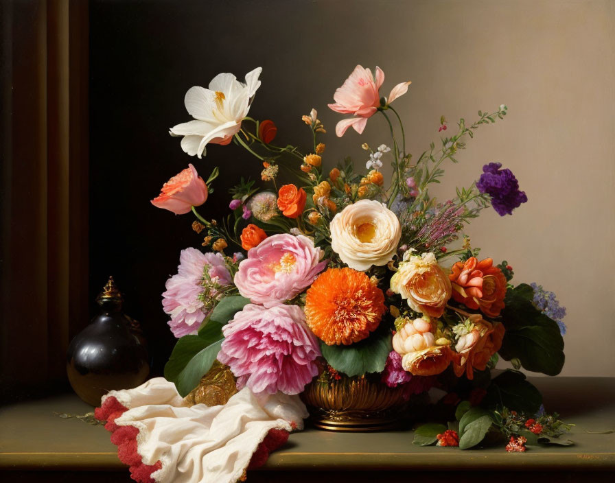 Colorful Still Life Painting with Flowers, Golden Vase, White Cloth, and Dark Jug