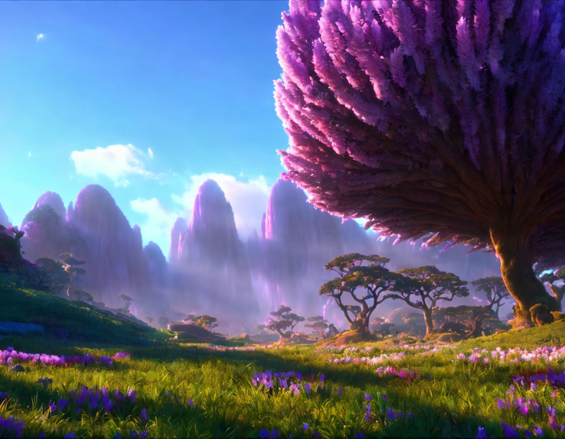 Colorful fantasy landscape with large purple tree, misty mountains, and field of flowers