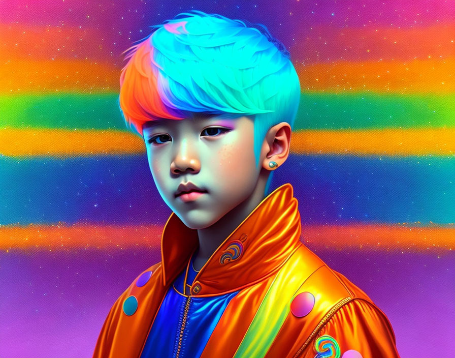 Colorful digital portrait of child with blue hair and orange jacket on gradient backdrop
