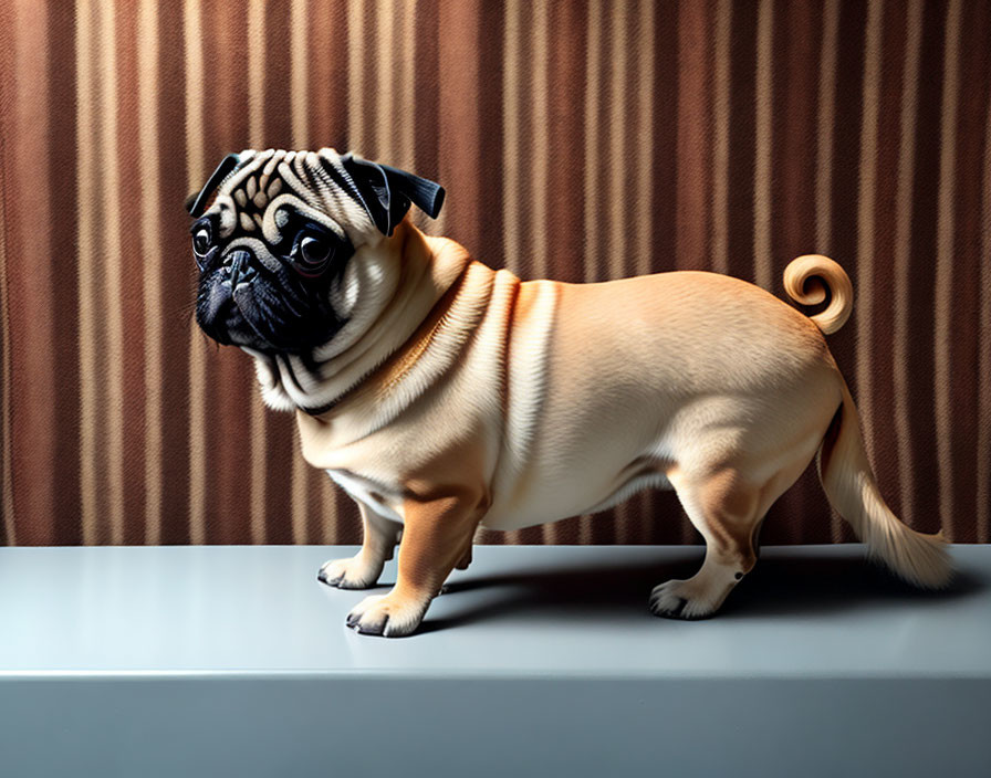 Pug with oversized head in front of striped brown backdrop