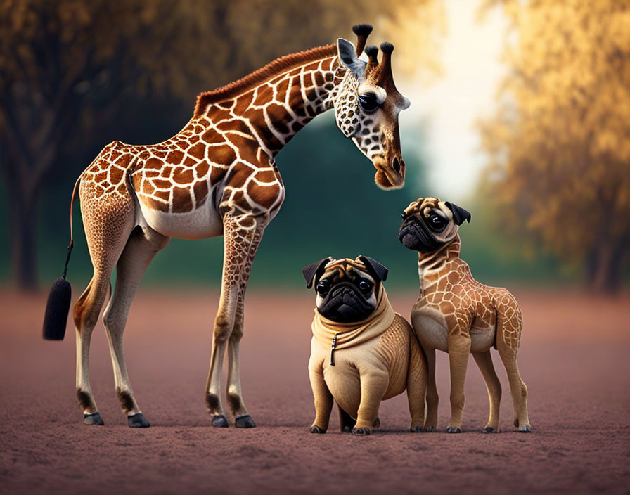 Digital Image: Two Pugs with Giraffe-Patterned Bodies Next to Giraffe in Autumn Setting