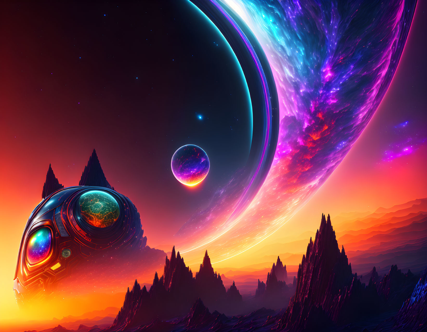 Colorful Alien World with Spaceship and Ringed Planets
