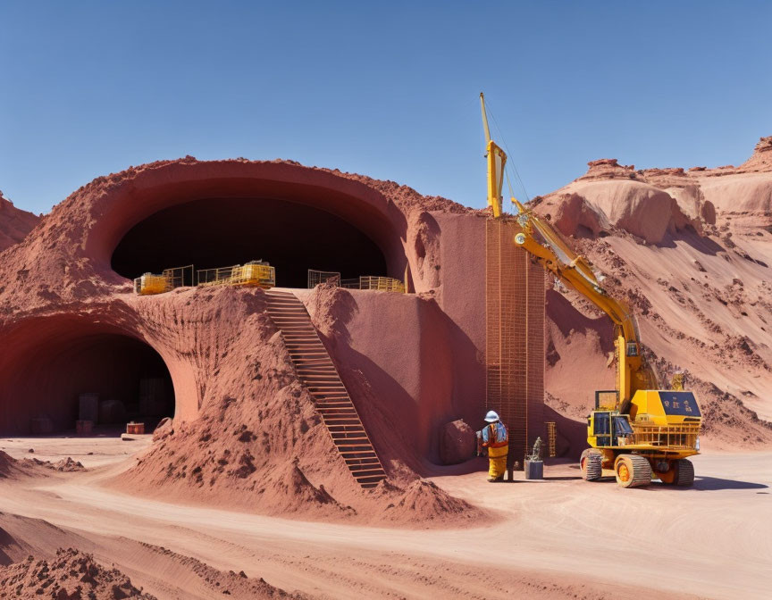 Industrial mining site with tunnels, excavator, truck, worker in safety gear, and reddish soil