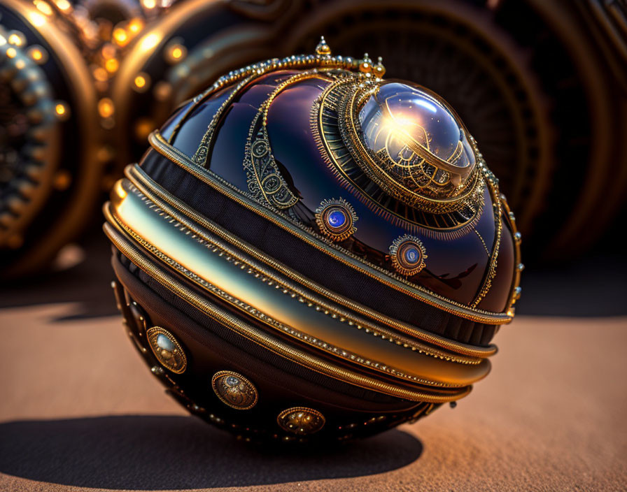 Detailed Steampunk Style Spherical Object with Metallic Designs