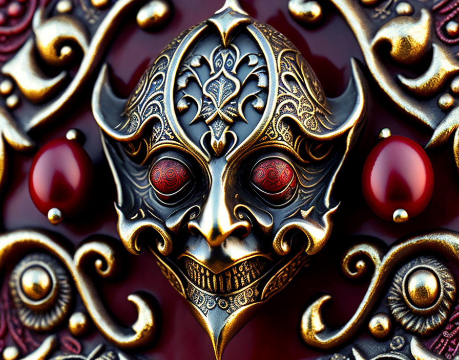 Intricately Designed Gold and Red Mask on Deep Crimson Background