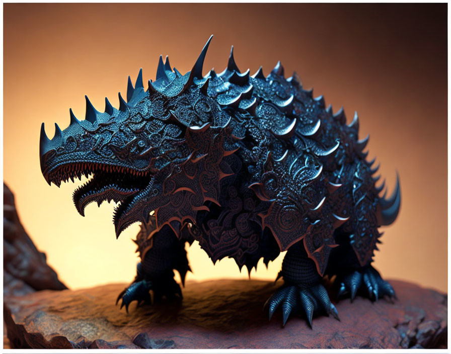 Detailed Dark Armored Dragon Fantasy Art on Reddish-Brown Background