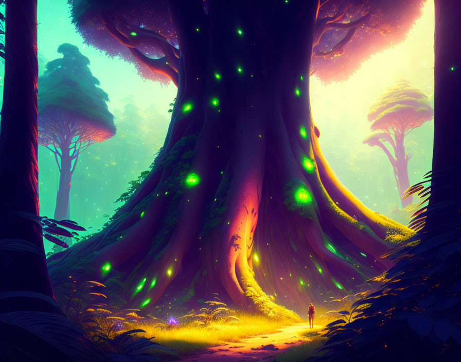 Enchanted forest scene with lone figure and glowing tree lights