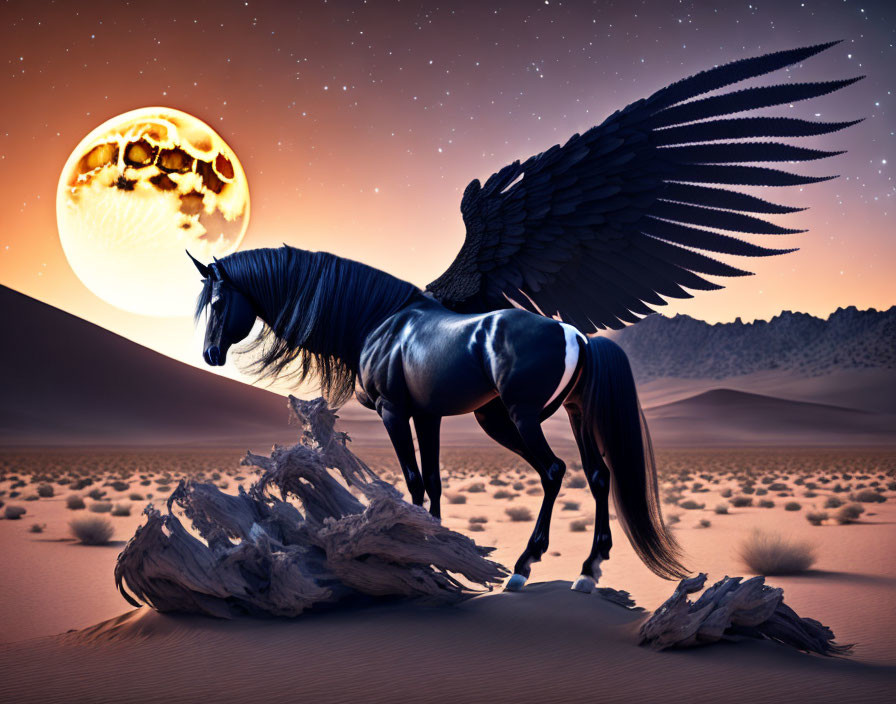 Black-Winged Horse in Desert Night with Vivid Moon